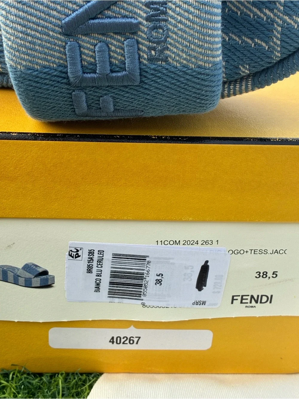 FENDI SUNSHINE STRIPED DENIM PLATFORM SLIDE SANDALS EMBROIDERED LOGO SZ 38.5 NEW